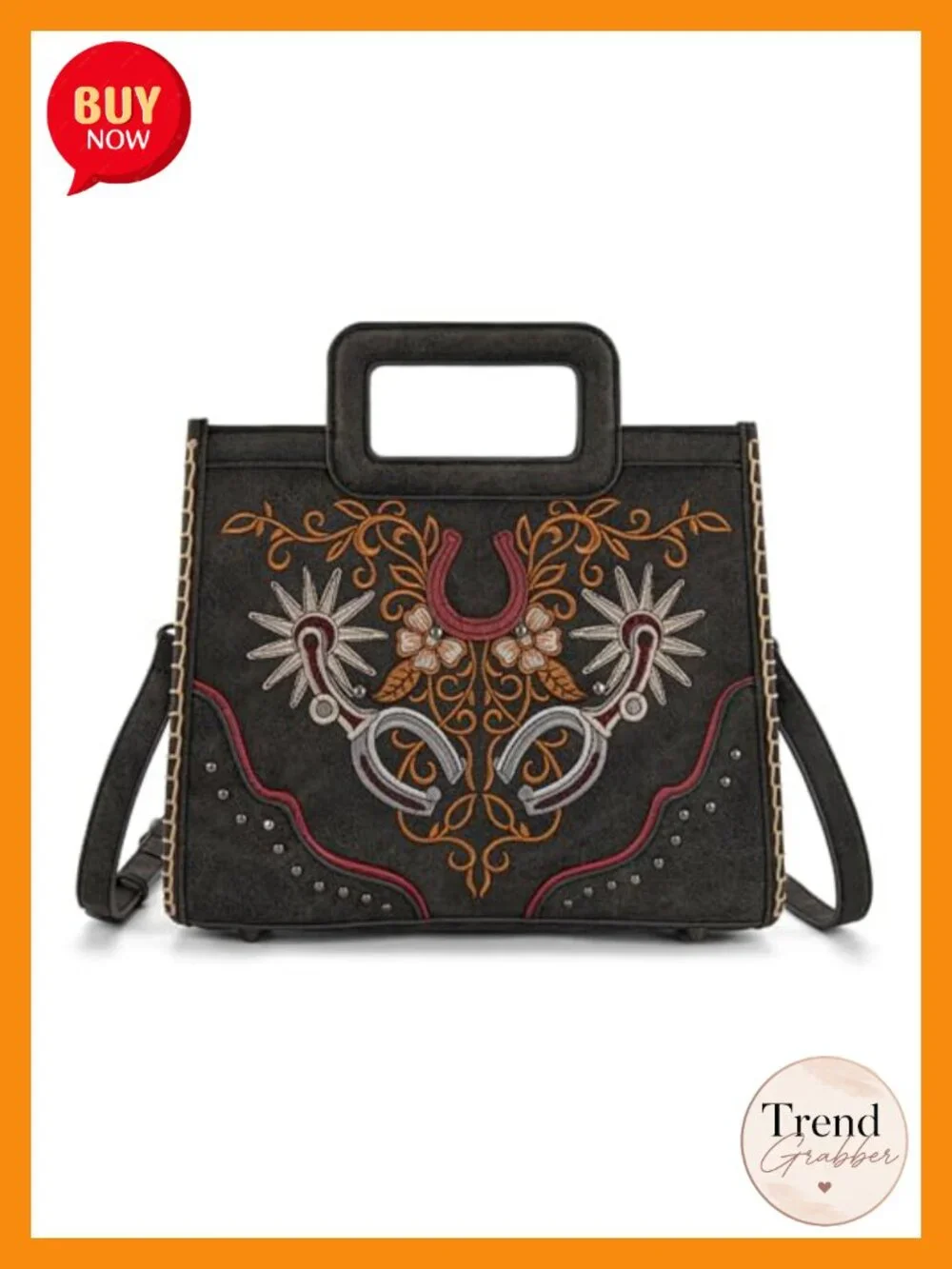 Western Embroidery Crossbody Bag with Top Handle, Faux Leather
